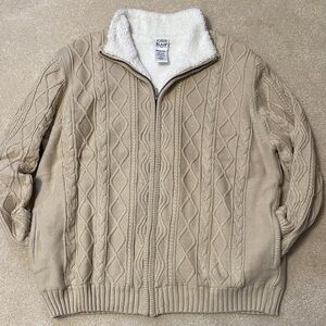 John Blair Men's Tan Cable Knit Zip-Up Sweater fully sherpa lined size XL